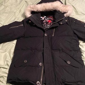 Women’s size medium black zip up down coat with white and grey fur hood